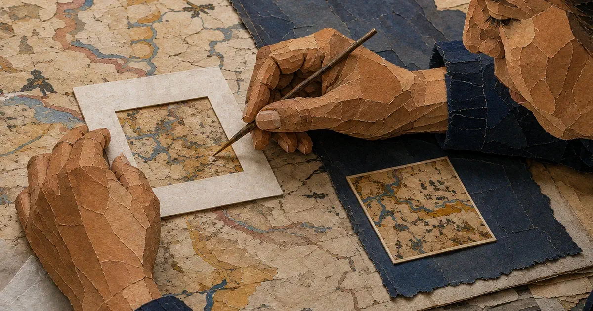 Manos delimitan una zona de mapa con una ventana de papel.