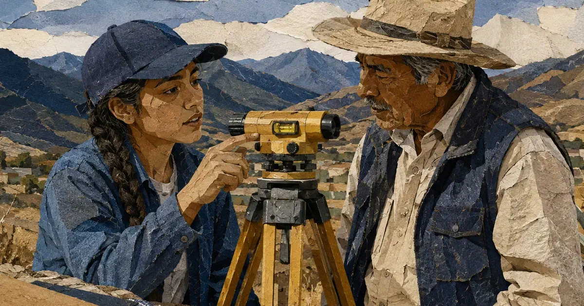 Estudiante comprueba un instrumento topográfico y explica su observación.