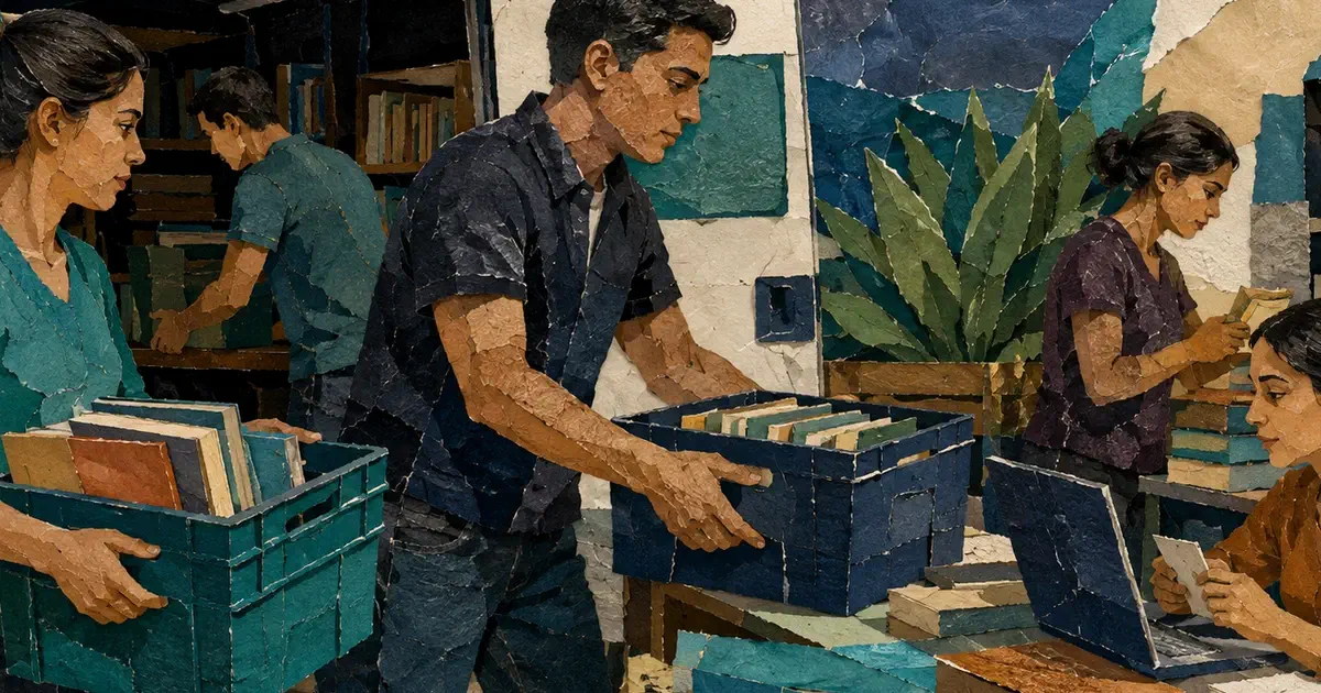 Personal traslada materiales de biblioteca móvil a una estación de reserva.