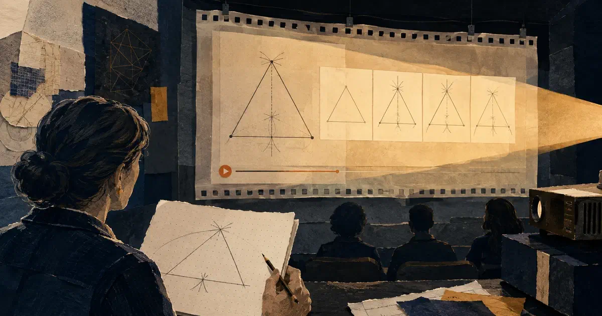Collage editorial de una docente que compara una demostración geométrica proyectada con un boceto incompleto de la misma construcción.